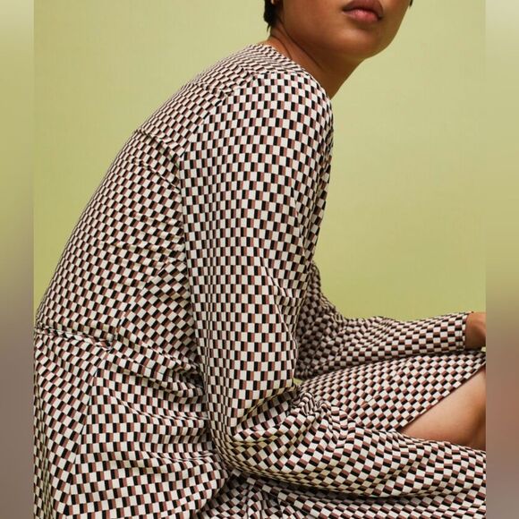 H&M Crepe checkered long sleeve wrap Midi Belted dress Beige Brown Size XS - Picture 4 of 12
